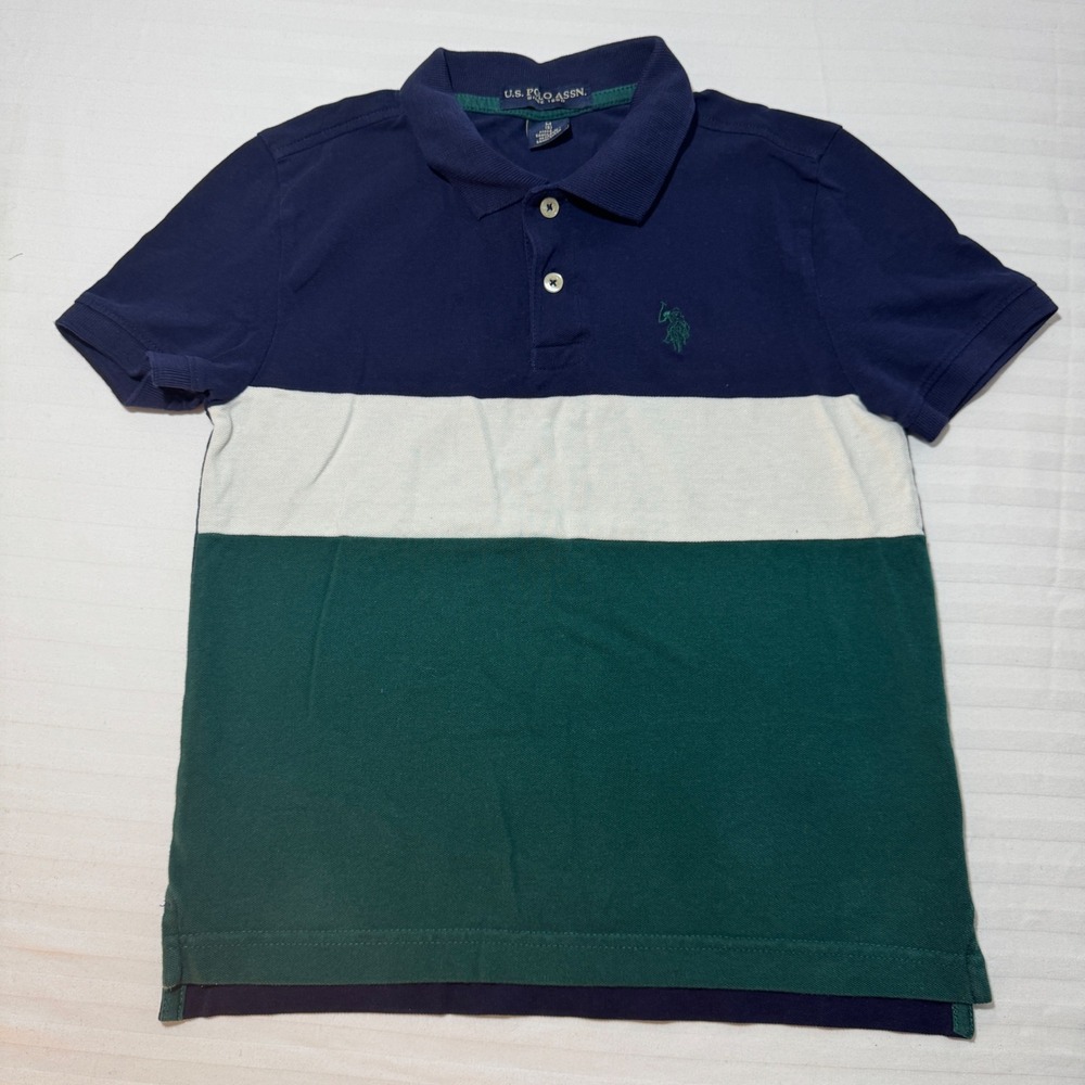 US Polo Assn Boys Medium 8 Colorblock Polo Shirt Navy White Green Short Sleeve